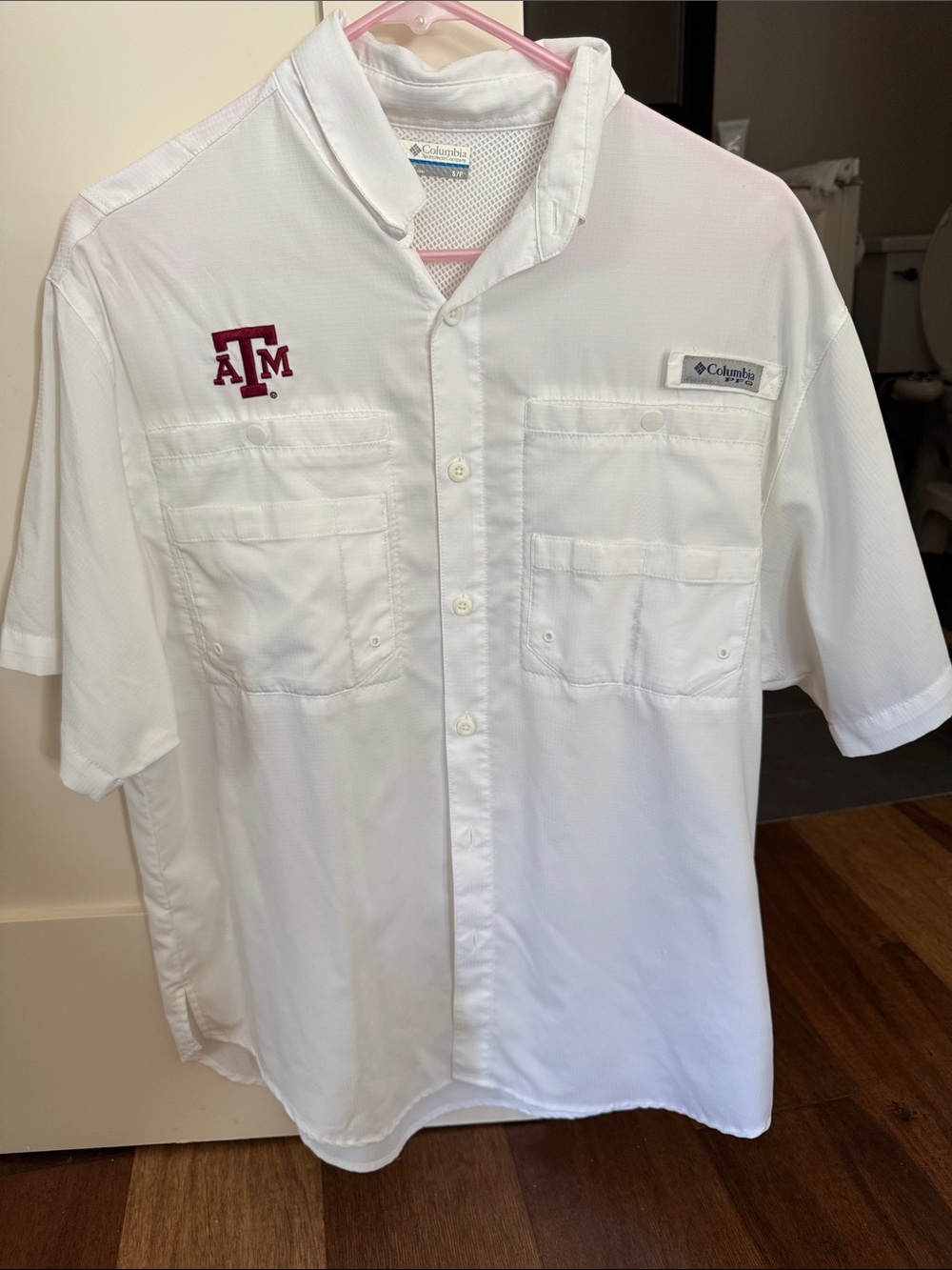 Columbia White Short-Sleeve Button Down Shirt with Maroon Texas A&M Logo
